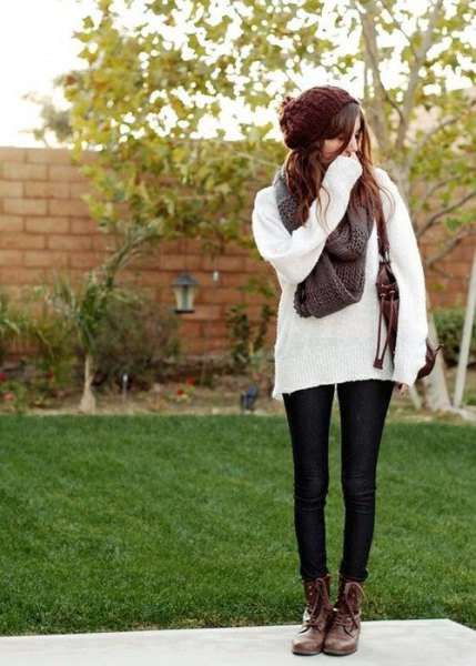 comfortable white knitted sweaters brown combat boots