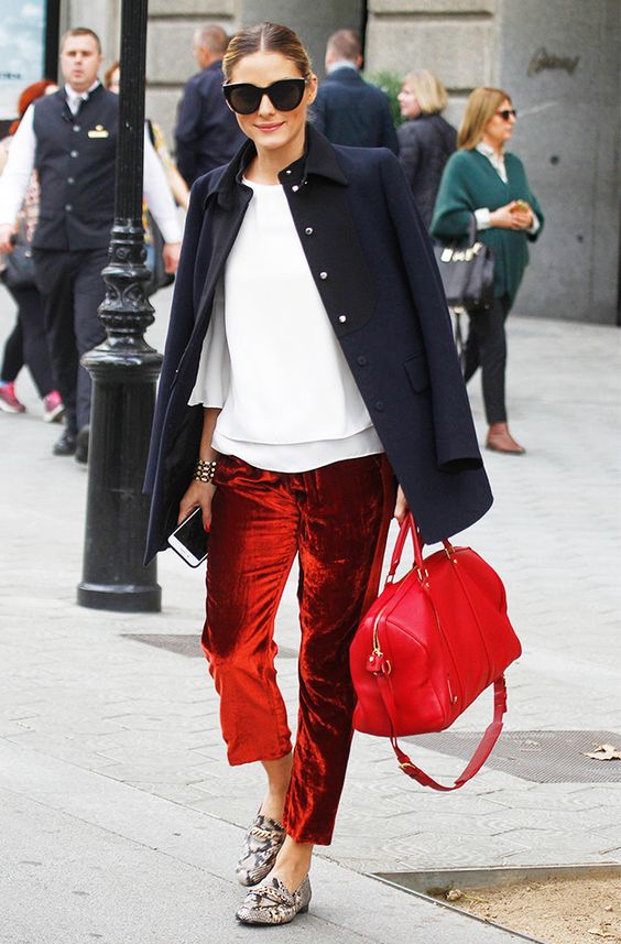 coral red trousers military outfit