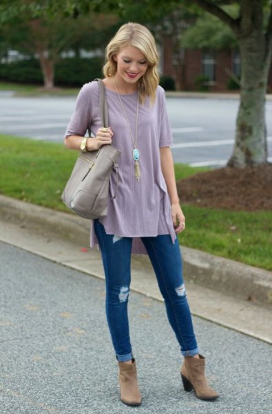 tee dress ripped jeans suede ankle boots