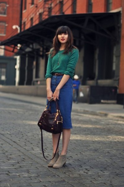 green knit sweater with waist denim skirt with high waist