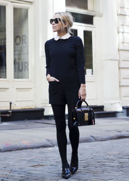 black knit sweater shorts leggings loafers