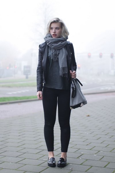 black leather jacket gray leggings loafers