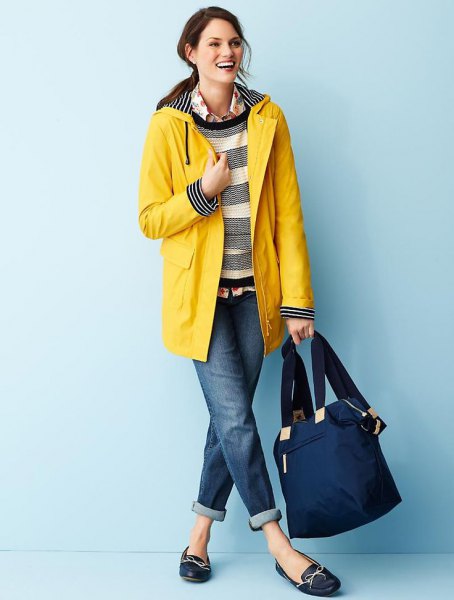 wide striped sweater yellow raincoat cuffed jeans