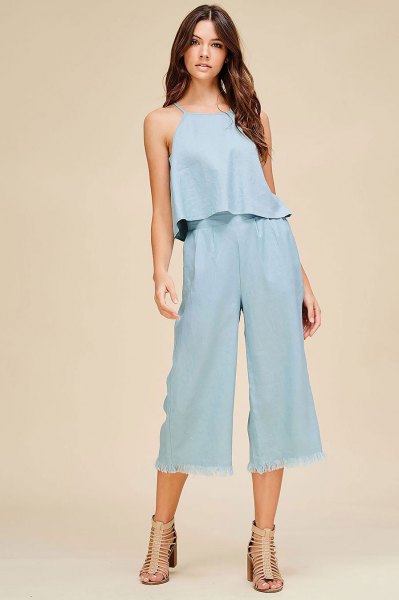 two piece outfit set linen top cropped trousers