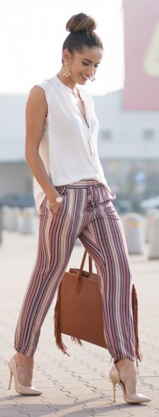 striped linen trousers with high heels