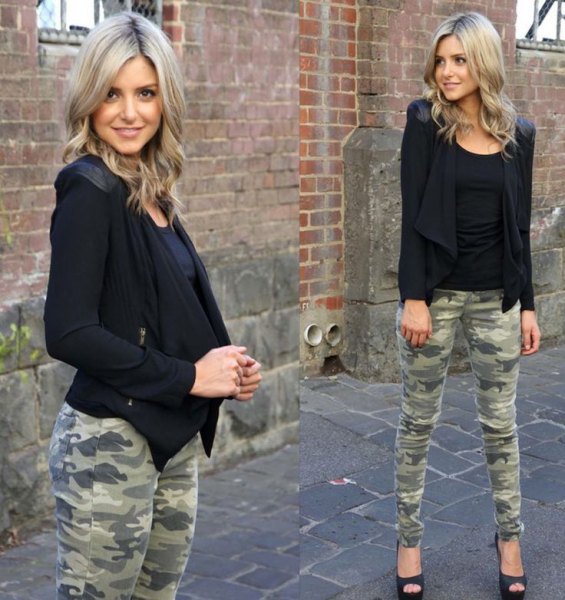 black bomber jacket army trousers with open heels