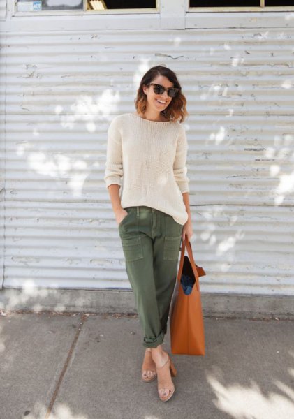 white knitted sweaters army trousers bare heels