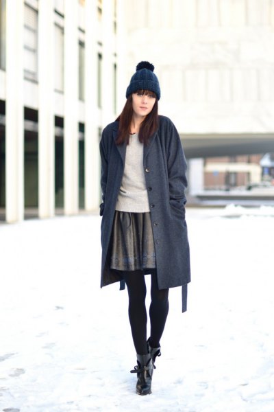 gray mini skirt long navy blue cardigan knitted hat