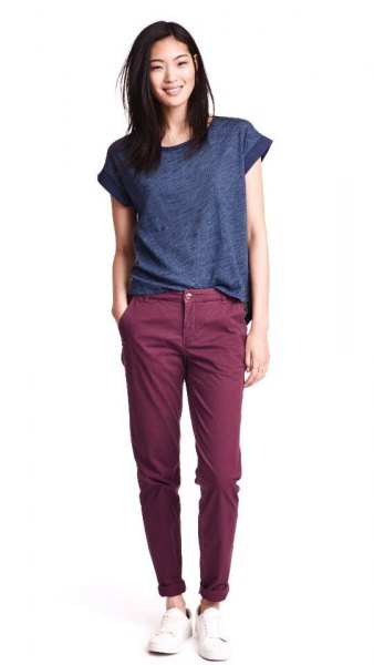 purple tee gray chinos outfit