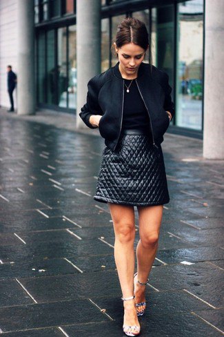 black top bomber jacket leather skirt