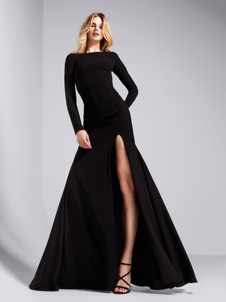 long sleeve split maxi black cocktail dress