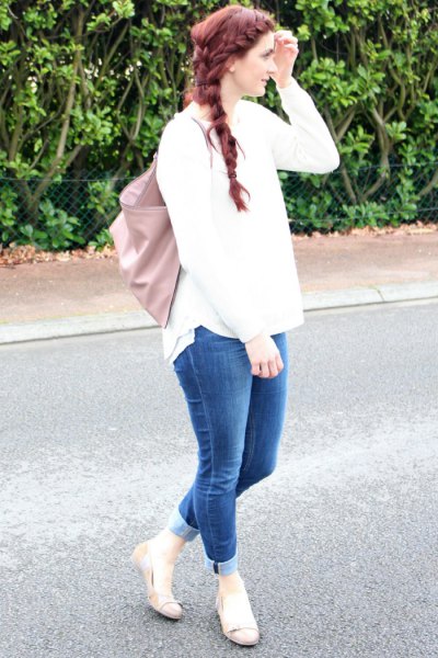 white knitted sweater cuffed jeans pink ballet flats