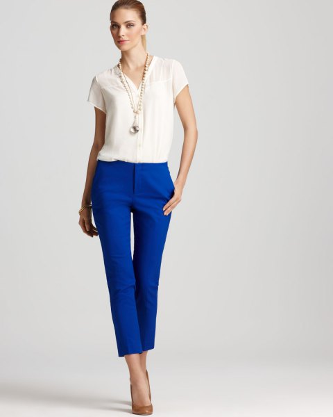 white blouse royal blue cropped pants outfit