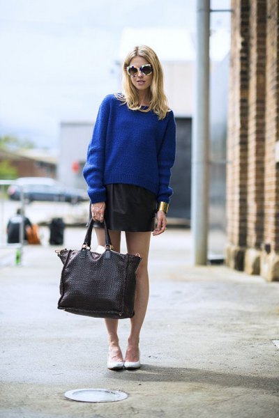 blue knitted sweater black leather mini skirt