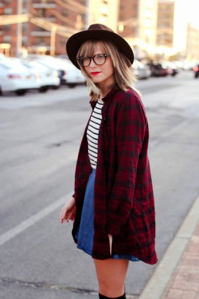striped tee flare skirt felt hat flannel shirt