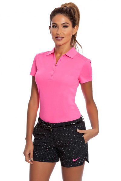 black polka dot golf shorts polo shirt pink