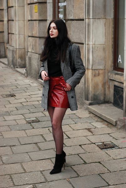 checkered oversized jacket and red leather skirt