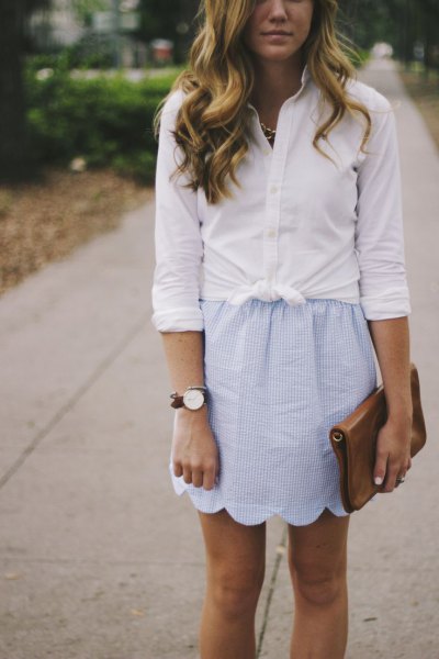 scalloped mini mini skirt tied white shirt