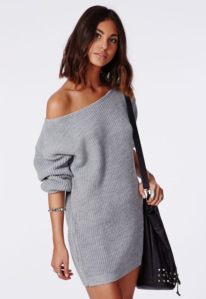 gray off shoulder knit sweater dress