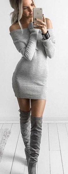 gray knitted sweater dress knee high boots