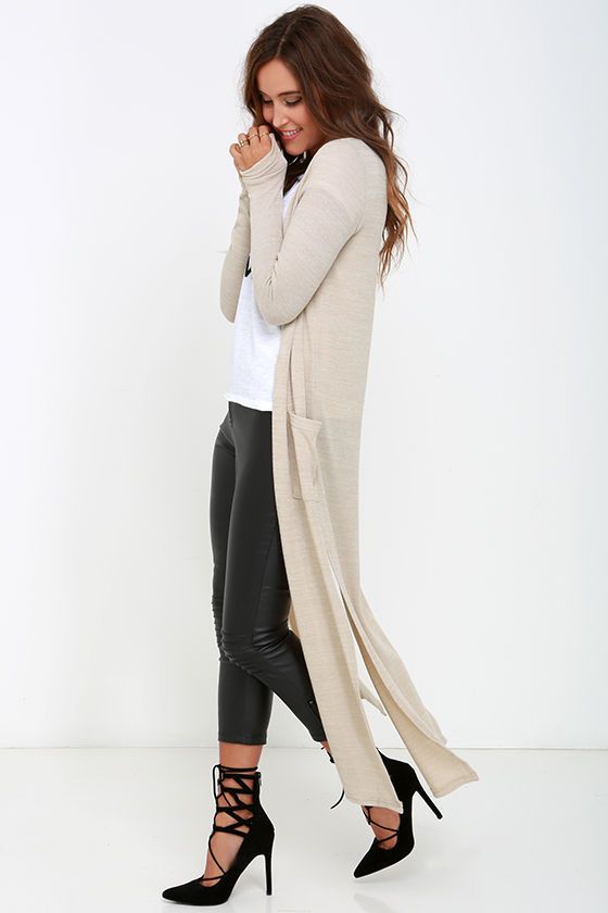 leather pants tanned long cardigan sweater