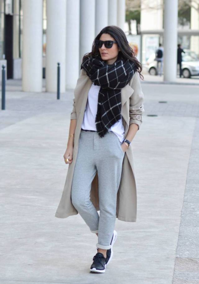 jogger pants trench coats scarf