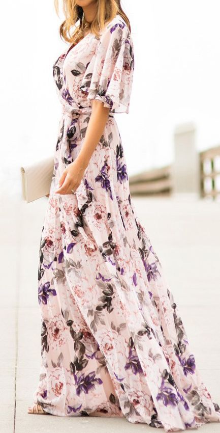 short sleeved white floral maxi dress