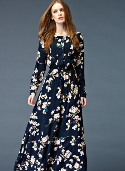 black floral maxi dress with long sleeves