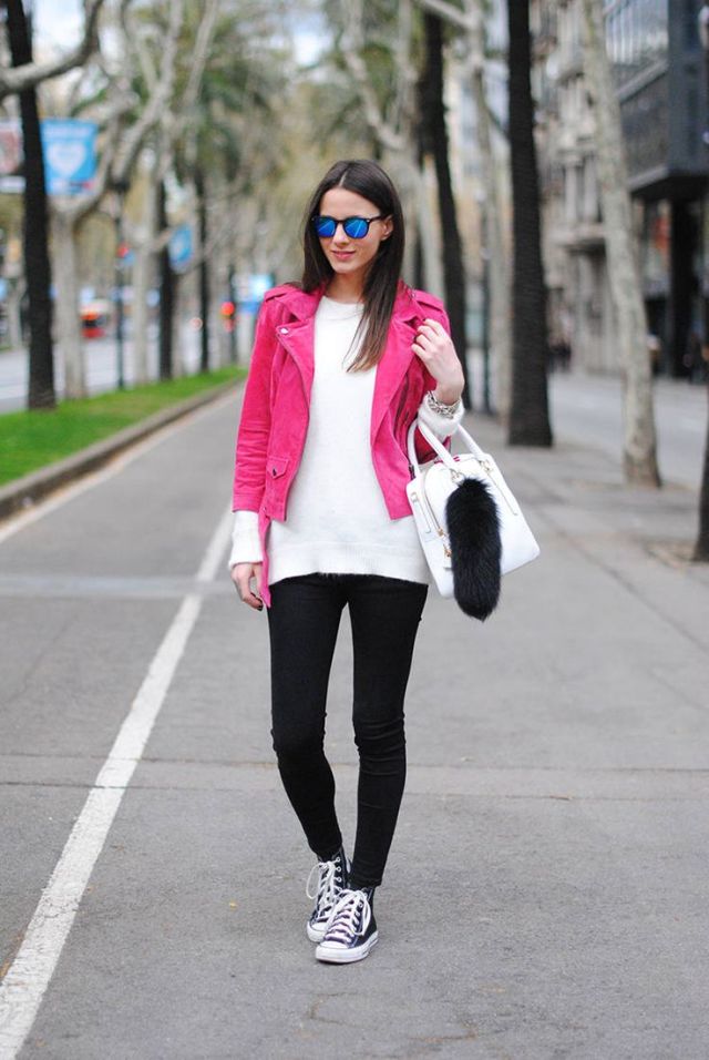 black high top converse skinny jeans pink jacket