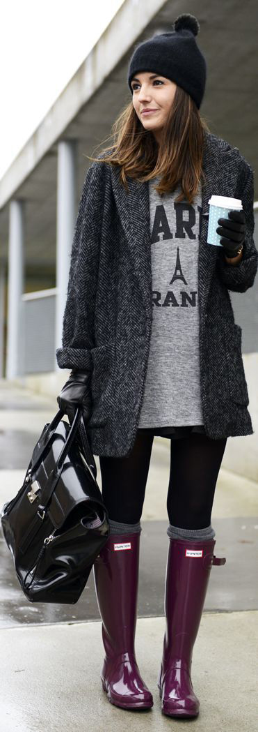 black rain boots with gray coat