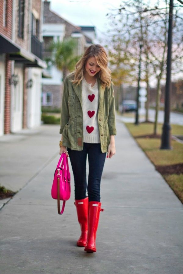 red rain boots military jacket