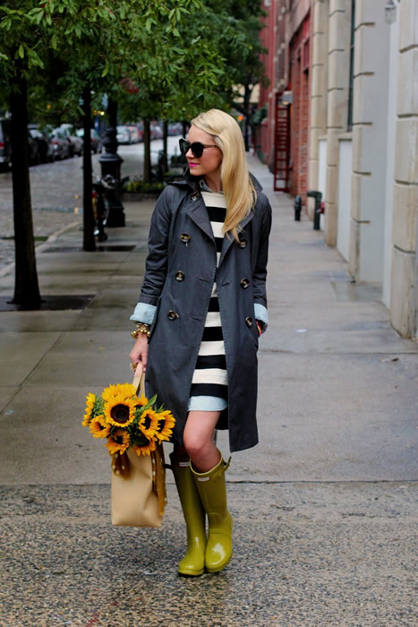 charcoal trench boat rain boots outfit