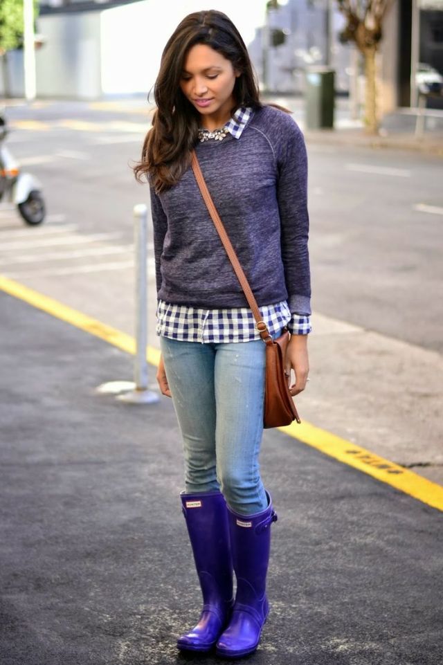 purple rain boots with sweater