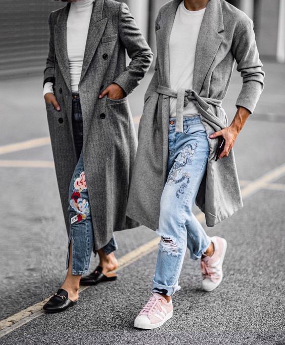 embroidered jeans gray coat