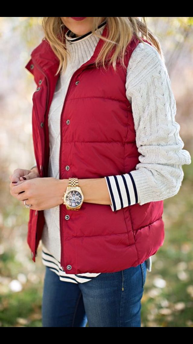 red quilted vest over knitted sweater