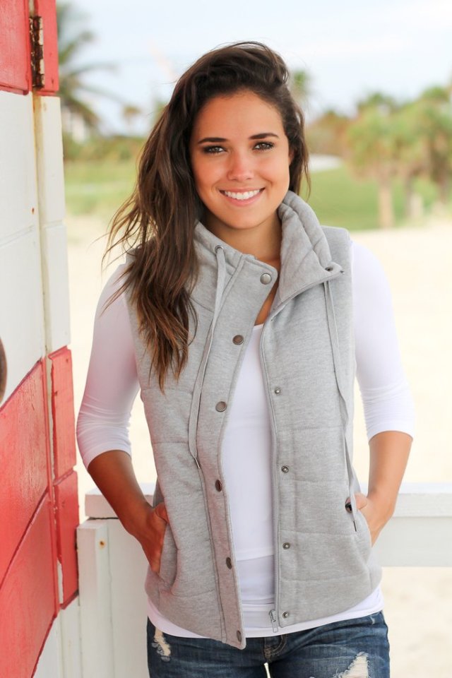 Heather gray gray quilted vest over white tee