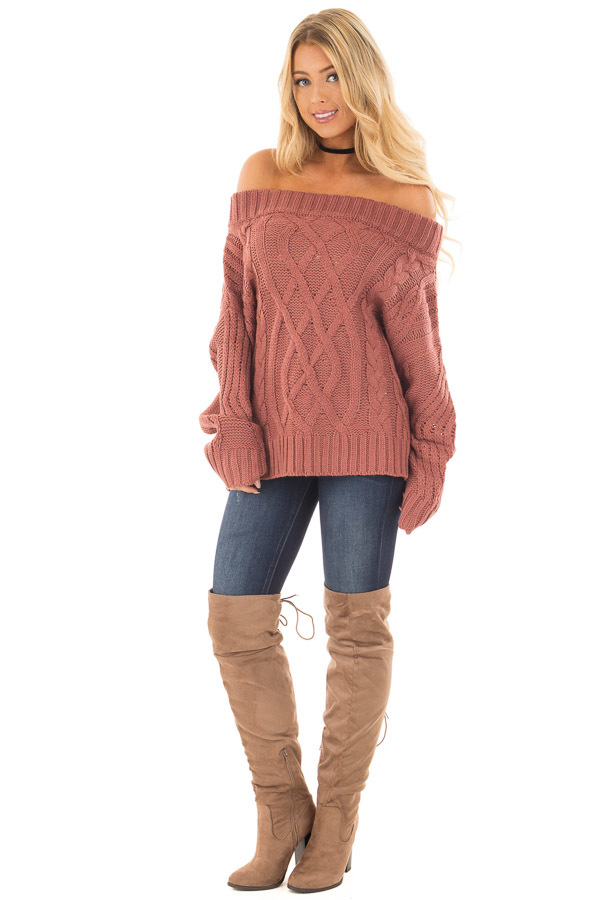 of shoulder cable knit sweater jeans