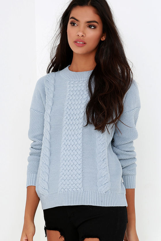 light blue cable knit sweater
