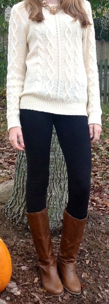 cream calbe knit sweater black skinny jeans