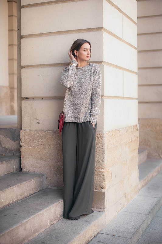 green wide leg pants knitted sweater outfit