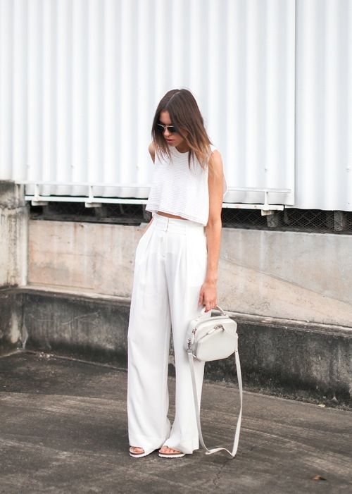 all white trousers with wide legs with high waist