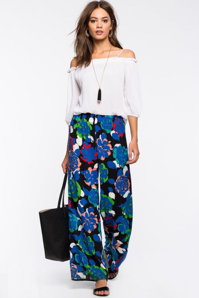 flowers with wide leg pants white cold shoulder blouse