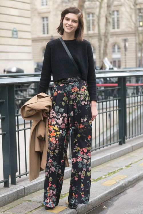 black sweater flowers with wide legs