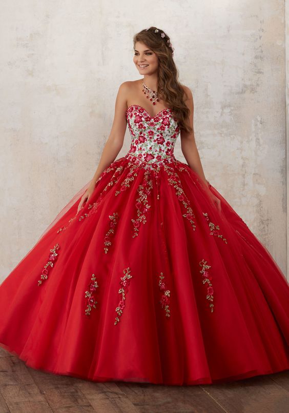 red quinceanera dress flowers