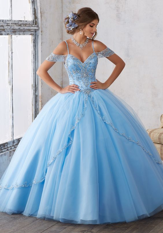 blue quinceanera dress from the shoulder