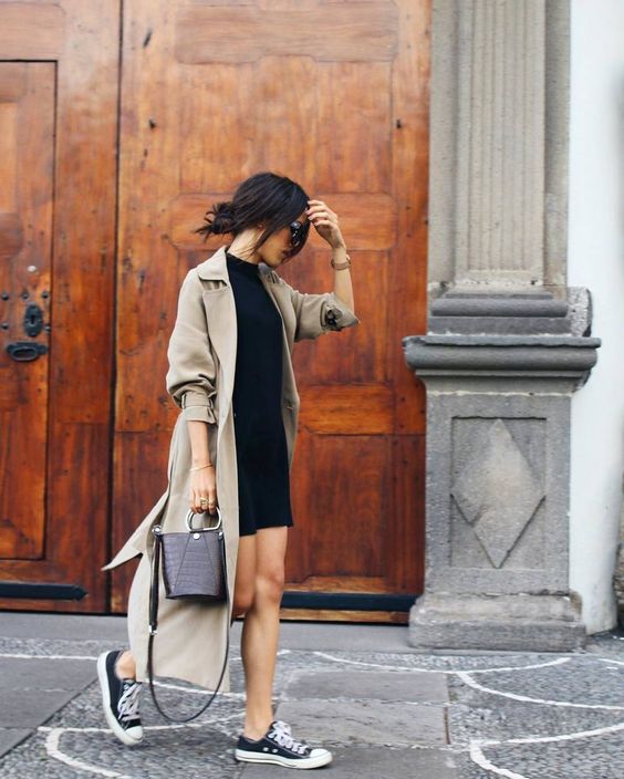 camel trench black sneakers