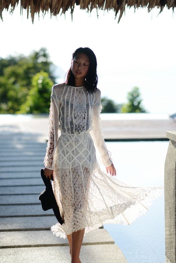 wet stylish white lace dress