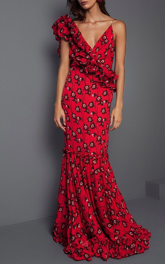 floral ruffles maxi dress red