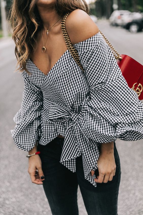 gingham style off the shoulder