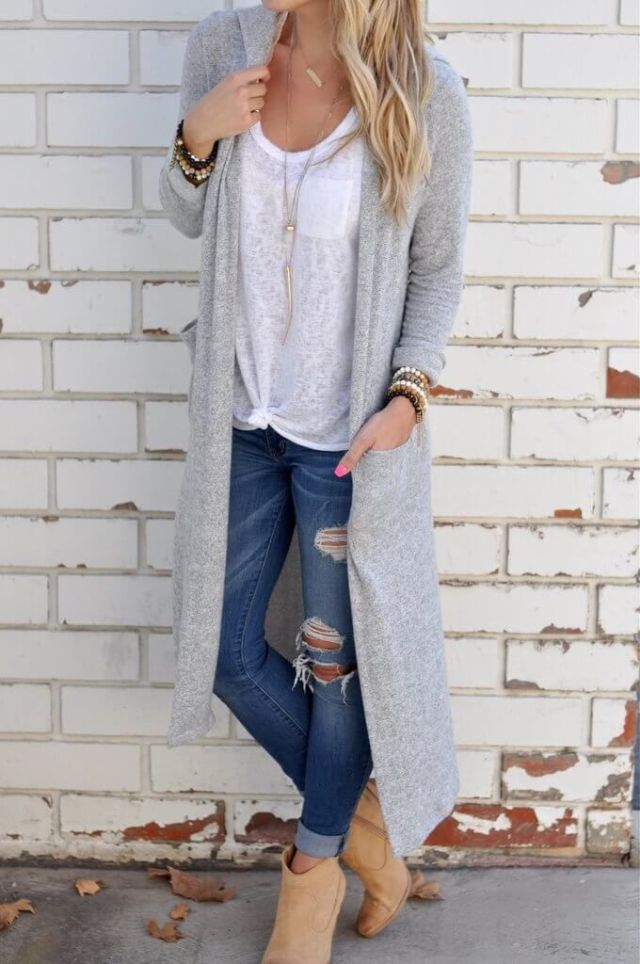 long cardigan-boots ripped cuffed skinny jeans